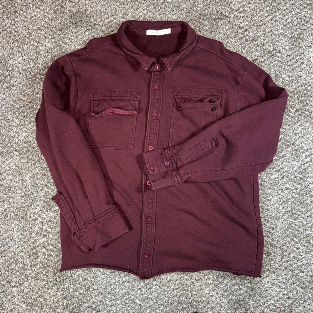 MNML Large Mens Distressed French Terry Button Down Shirt Burgundy Red Cotton‎